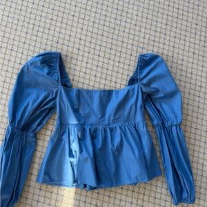 Reformation Cobalt Square-Neck Peplum Puff-Sleeve Top